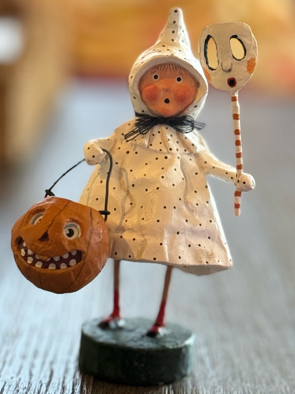 Lori Mitchell White Polka Dot Ghost Dottie Child Figurine with Pumpkin Lantern - Picture 2 of 6